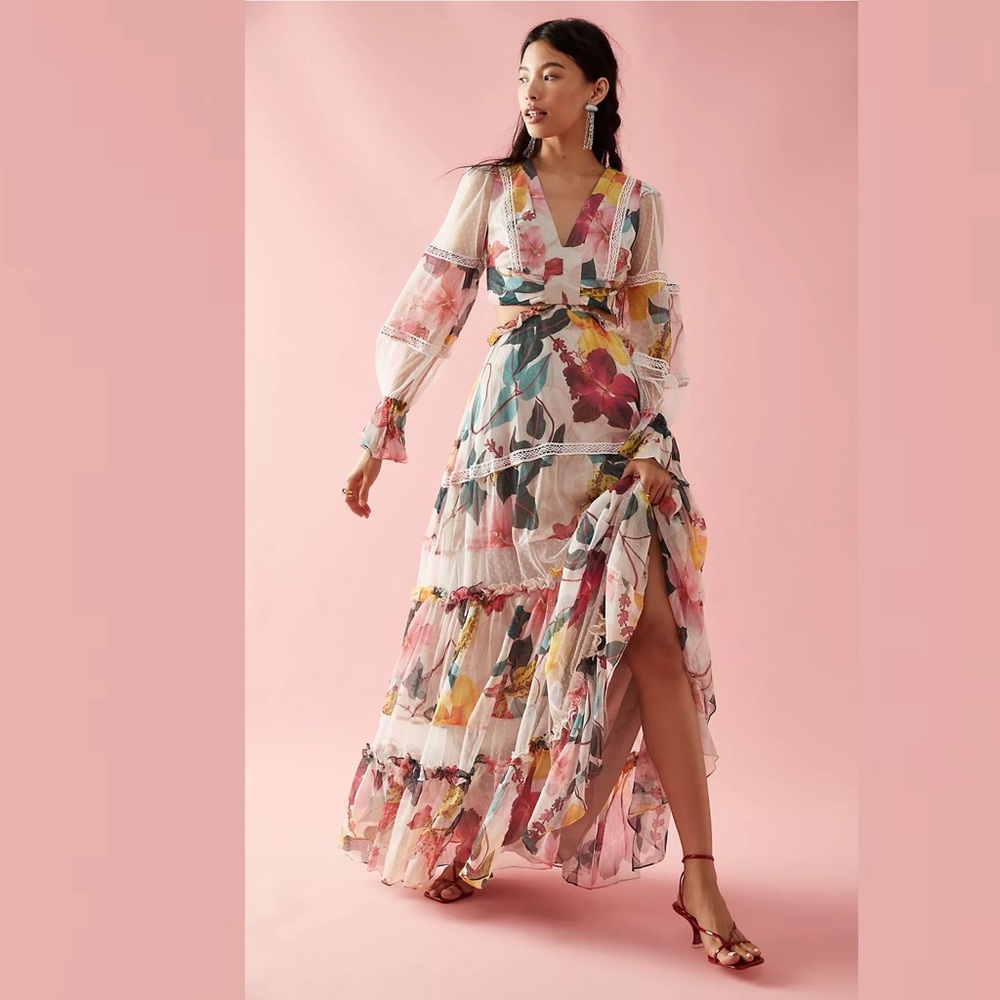 PAT BOHibiscus Lace Trim Cut Out Maxi Dress